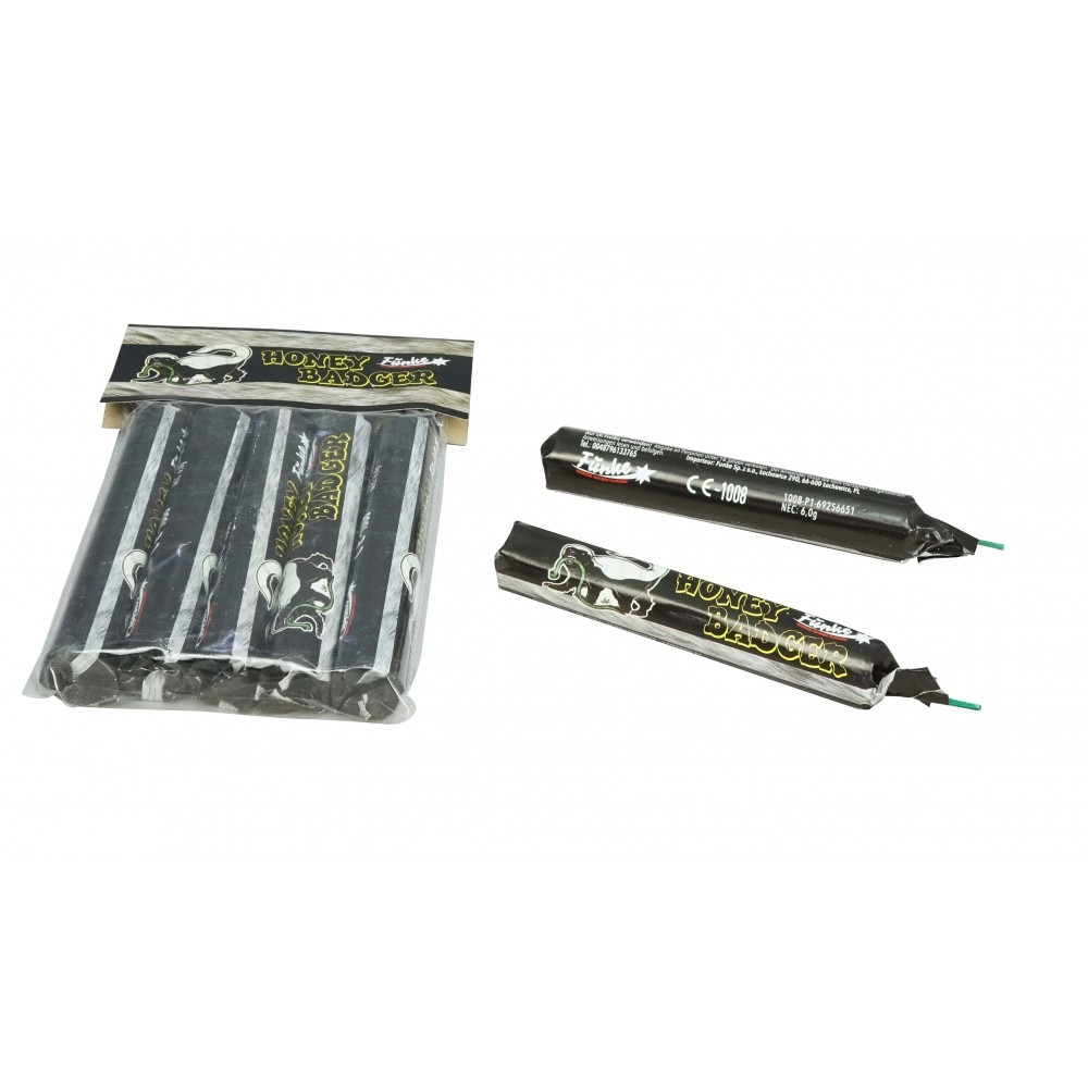 Das Produktbild des Böllers "Funke Honey Badger". Im 5er Pack und zwei einzelne Böller.